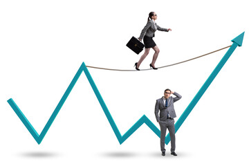 Businessman balancing on tightrope on line chart