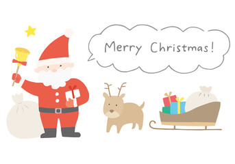 サンタクロースとトナカイとそりの手描きイラスト（カラー）
