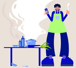 Vector illustration of a trendy flat male character in arpon holding smartphone and spoon in his hand. Confused man using a cooking application. Online cooking concept