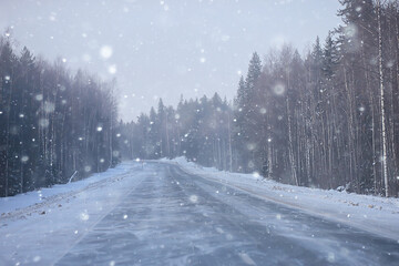 winter highway snowfall background fog poor visibility