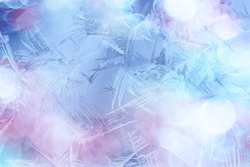 frost patterns on window glass, abstract background winter rime snow