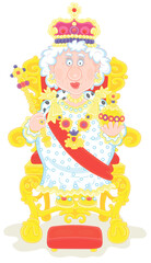 Queen in solemn royal dress with a kingly crown sitting on her throne and holding symbols of royalty at an official festive ceremony in a palace, vector cartoon illustration isolated on white