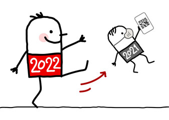 Cartoon Big 2022 Man Kicking Out a Small 2020 with Mask and QR Code