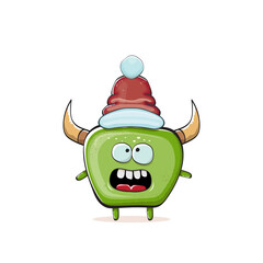 Vector cartoon funky green monster with Santa Claus red hat isolated on white background. Childrens Merry Christmas greeting card with funny monster elf Santa Claus.