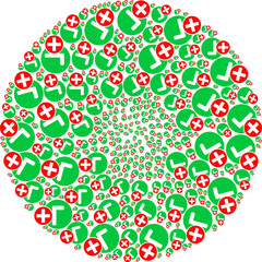 False positive icon swirl round mosaic. False positive signs are combined into globula whirlpool mosaic structure. Abstraction round cluster mosaic designed from regular false positive symbols.