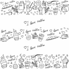 Doodles, hand-drawn set coffee elements, isolated on a white background: cup of hot coffee, a kettle,beans, sugar, cookies, milk, croissant, donut. text 
