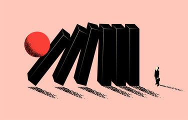 Conceptual business illustration of upcoming business problem metaphor with falling domino and businessman silhouette. Minimalistic vector illustration