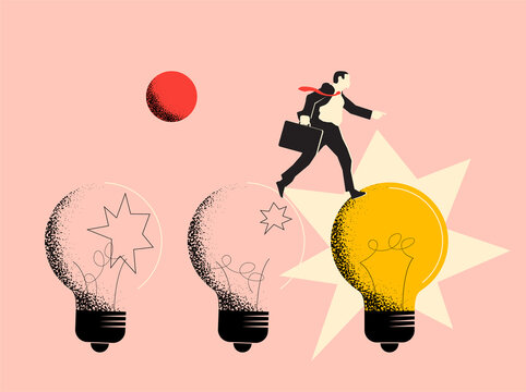 Conceptual business metaphor illustration of the business ideas research with businessman jumping on bulb lamps. Vector illustration