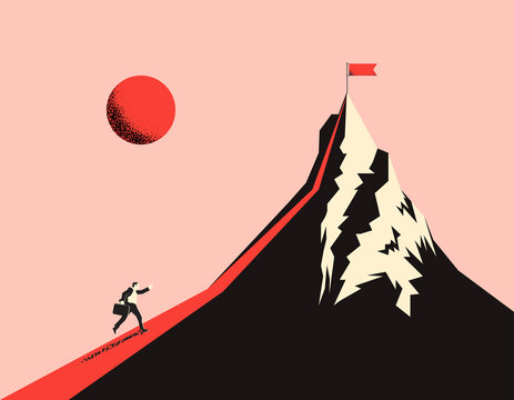 Business illustration concept of success with businessman silhouette  running to the mountain peak as success metaphor. Minimalistic vector illustration