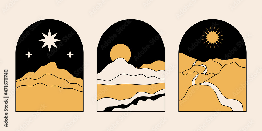 Poster Vector illustration in simple line style - boho abstract print - simple natural landscape with mountains and hills