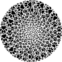 Tiger footprint icon cycle spheric mosaic. Tiger footprint symbols are arranged into round twirl vector illustration. Abstraction round cluster mosaic is created from regular tiger footprint symbols.