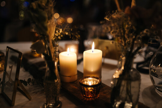 Beautiful candles and table decoration at a wedding