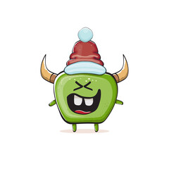 Vector cartoon funky green monster with Santa Claus red hat isolated on white background. Childrens Merry Christmas greeting card with funny monster elf Santa Claus.