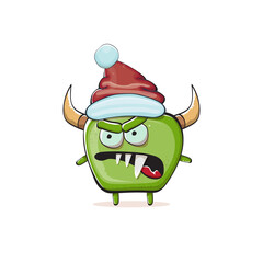 Vector cartoon funky green monster with Santa Claus red hat isolated on white background. Childrens Merry Christmas greeting card with funny monster elf Santa Claus.