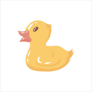 A bright toy for a newborn baby. Yellow rubber duck for the bath. Vector illustration isolated on white background.