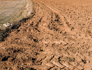 Farmer walking on newly plowed field. Agriculture and farmland in the new world.World hunger and cultivated agricultural products.Selective focus.A tree alone.