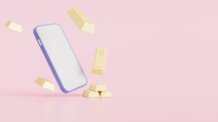 Mobile service online, the pure gold bar represents the business trading gold and finance concept idea, Real gold bars background, with copy space, 3d rendering