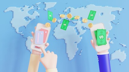 Concept of sending money around the world, money transfer, online banking, financial transaction. 3D illustration