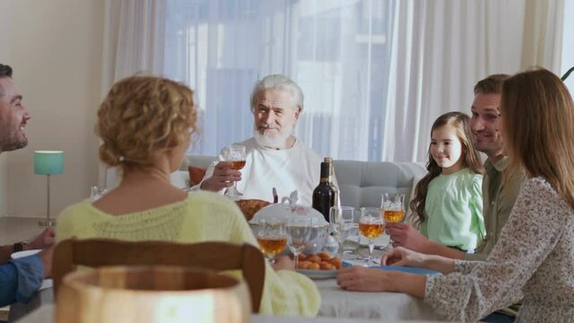 Waist up portrait view of the multi generation family sitting at the dining table during festive dinner, feeling happy, drinking wine and talking