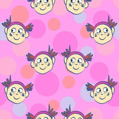 Cute And Fun Little Girl's Faces Vector Seamless Pattern In Bright Pink