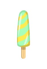 Striped green Ice cream. Summer food sweet dessert. Flat design. Object is isolated on a white background. Popsicle on a stick. Illustration Vector.