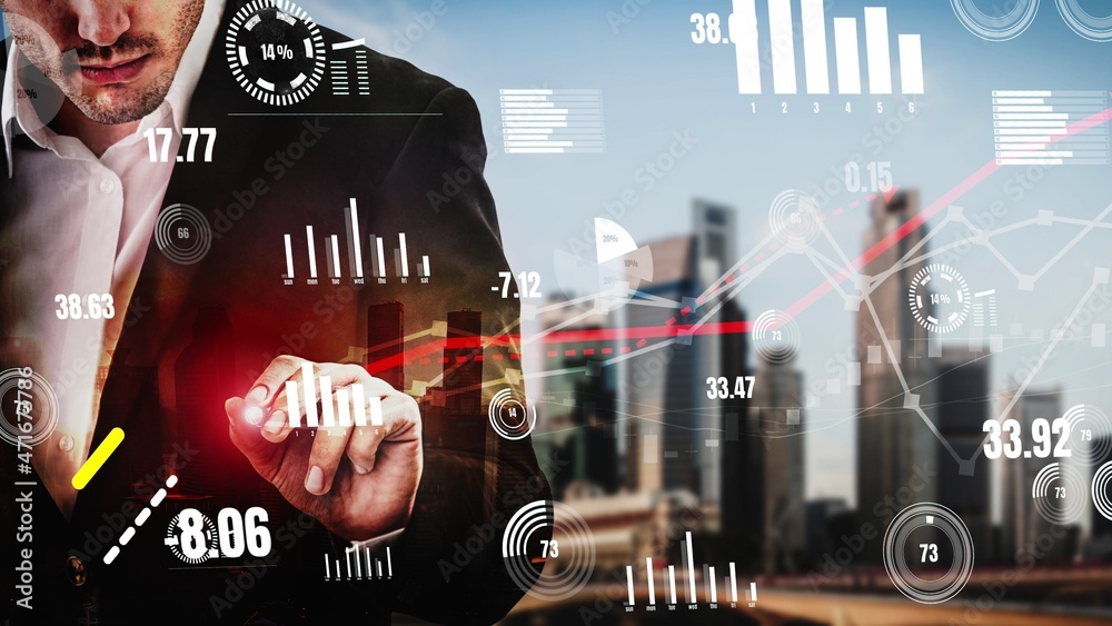 Poster conceptual business dashboard for financial data analysis . 3d render computer graphic .