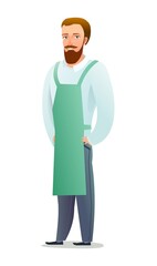 Man craftsman or artist. Guy in apron. Master in workwear. Cheerful person. Standing pose. Cartoon comic style flat design. Single character. Illustration isolated on white background. Vector