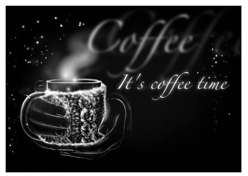 Cup of Coffee. Coffee time. Drawing in white chalk on a black chalkboard. Cup in a crocheted case in the palms of a girl's hands. Winter cup of coffee. Poster for a coffee shop. Coffee cup with chalk