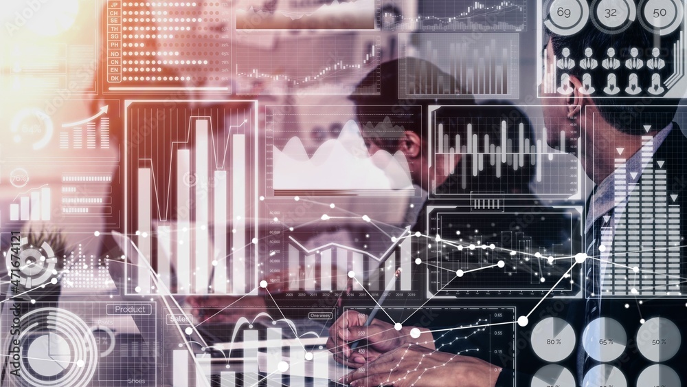 Poster conceptual business dashboard for financial data analysis . 3d render computer graphic .
