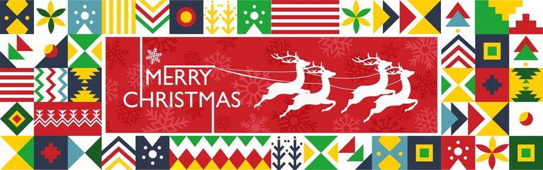Merry Christmas banner with abstract retro style modern design background with Santa reindeers. Red green white geometric shapes and winter snow flakes icons texture. Vector illustration	