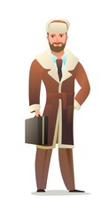 Man in winter clothes. Sheepskin coat and warm hat. Guy in winter. Cheerful person. Standing pose. Cartoon comic style flat design. Single character. Illustration isolated on white background. Vector