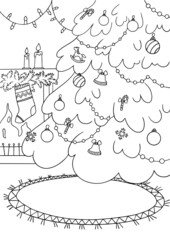 Decorated Christmas tree interior. Coloring page.