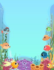 Fototapeta na wymiar Frame. Bottom of the reservoir with fish. Blue water. Sea ocean. Underwater landscape with animals, plants, algae and corals. Illustration in cartoon style. Flat design. Vector art