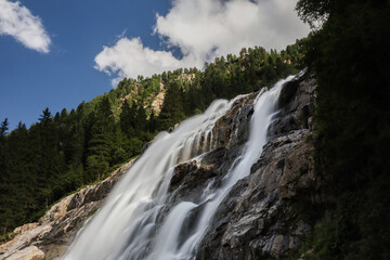 Long Exposure of Grawa Waterfall in Austria. Spectacular Scene of Falling Water in Tyrolean Nature.
