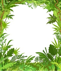 Jungle frame. Green tropical trees, herbs and shrubs. Flat cartoon style. Green exotic landscape. Isolated on white background. Vector.