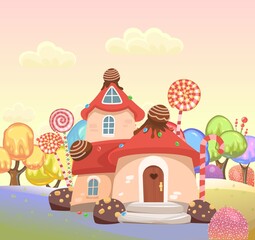 Obraz na płótnie Canvas Candy hut with chocolate. Sweet caramel fairy house. Summer cute landscape. Illustration in cartoon style flat design. Picture for children. Vector