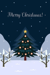 クリスマスカードのイラスト　雪景色のクリスマスツリー