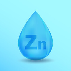 Realistic Mineral drop Zn Zinc design. Blue nutrition design for beauty, cosmetic, heath advertising. Zn Zinc Mineral design