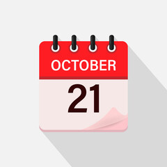 October 21, Calendar icon with shadow. Day, month. Flat vector illustration.
