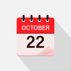 October 22, Calendar icon with shadow. Day, month. Flat vector illustration.