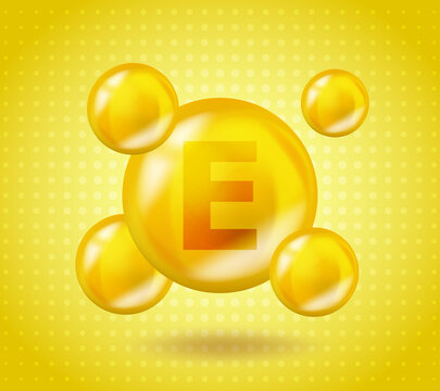 Realistic Vitamin E Tocotrienol design. Yellow nutrition illustration concept. 3D Vitamin complex E Tocotrienol design. Drop pill capsule.