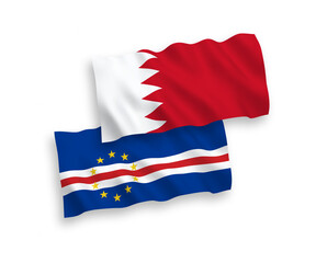 National vector fabric wave flags of Republic of Cabo Verde and Bahrain isolated on white background. 1 to 2 proportion.