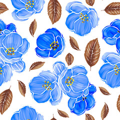 Blue flowers and brown leaves on a white background. Seamless pattern.
