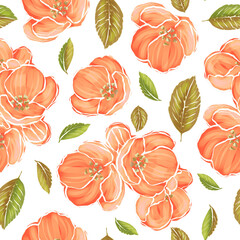 Flowers and leaves on a white background. Seamless pattern. Design for card, print, wrapping.
