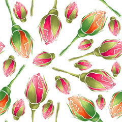 Rosebuds on a white background. Digital painting. Seamless pattern. Design for greeting card, print, cloth, wrapping.