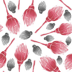 Floral seamless pattern. Pink and grey roses on a white background. Digital painting.