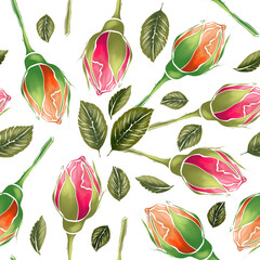 Rosebuds and leaves on a white background. Seamless pattern. Design for greeting card, print, cloth, wrapping.