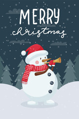 Christmas greeting card. The snowman holds a pipe in his hands and blows. Night winter forest, snowy landscape. Lettering hand - Merry Christmas. Cute flat cartoon character.Color vector illustration.