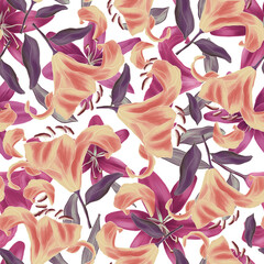 Irises and leaves on a white background. Seamless pattern. Digital painting.