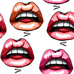 Open mouths with painted lips. Seamless pattern. Digital painting.